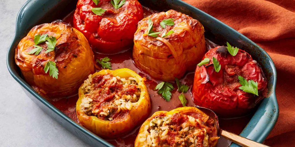 Stuffed Bell Peppers Recipe – Colorful Peppers Filled With Seasoned Meat And Rice.